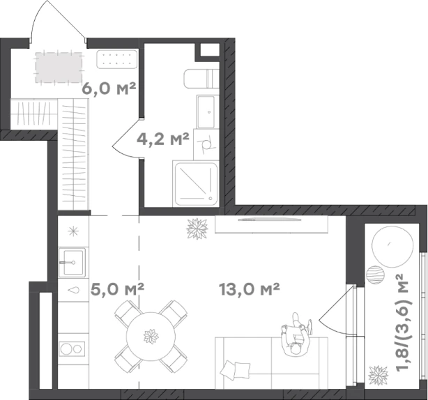 Планировка студии 30 м² с лоджией