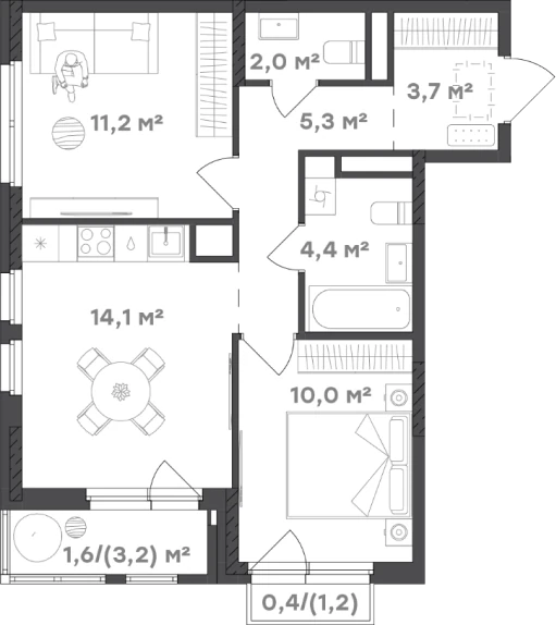 Планировка двухкомнатной квартиры 52,7 м² с кухней-гостиной