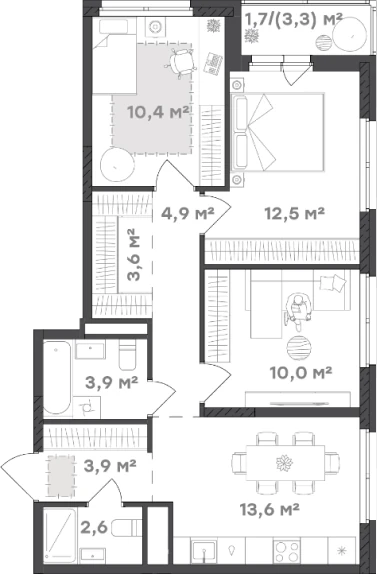 Планировка трёхкомнатной квартиры 67,1 м² с двумя санузлами
